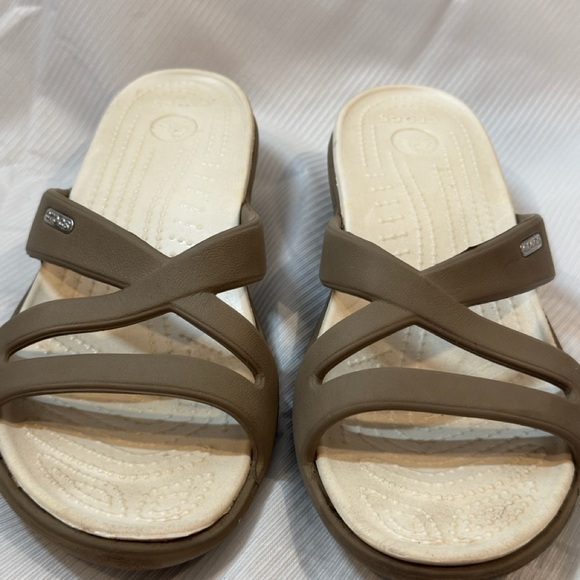 CROCS Women's Brown and Cream Slide Sandals - Picture 3 of 6